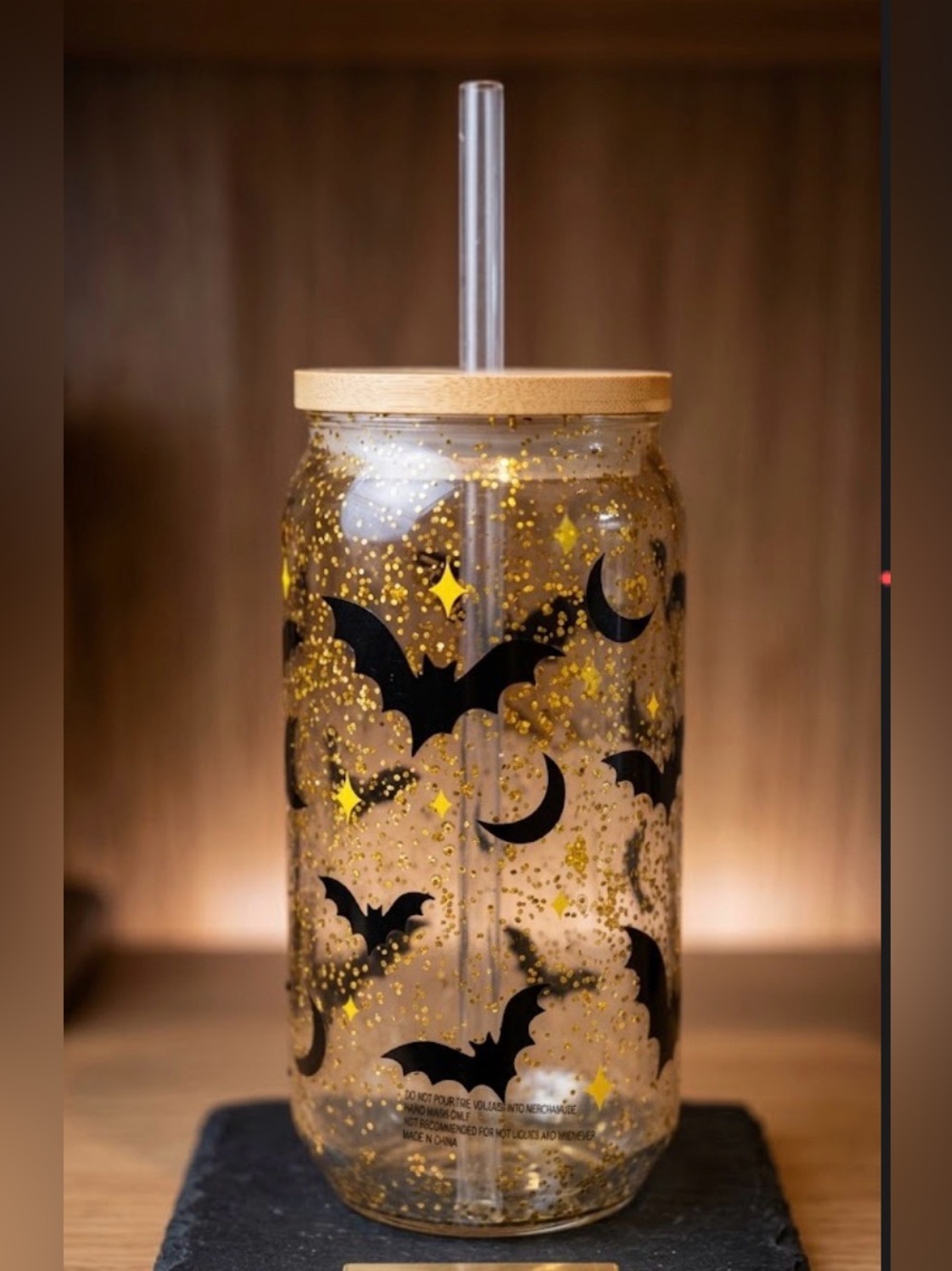 Halloween Bat & Moon Clear Tumbler with Gold Glitter Lid